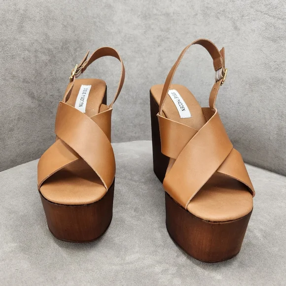 Steve Madden Platform Sandals 10 Brown Cognac Leather Galaxy Wedges New $100